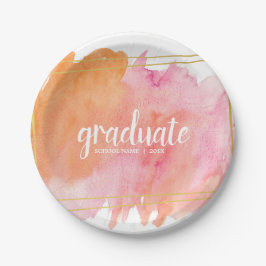 ピンクの水彩と金ゴールド卒業パーティープレート ペーパープレート