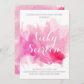 ピンクの水彩のしぶきと葉のモダンなベビーシャワー 招待状 (正面/裏面)