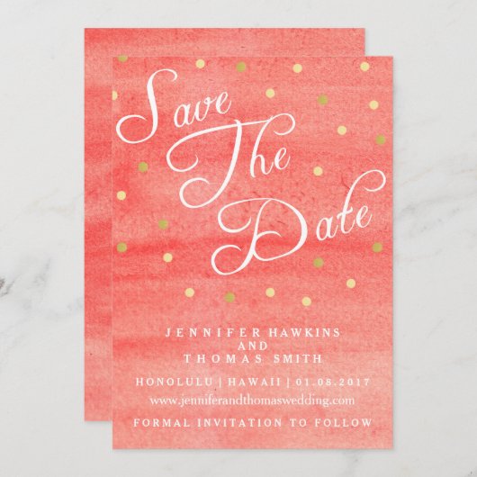 ピンクの水彩のテクスチャ結婚デートカードを保存 招待状 (正面/裏面)