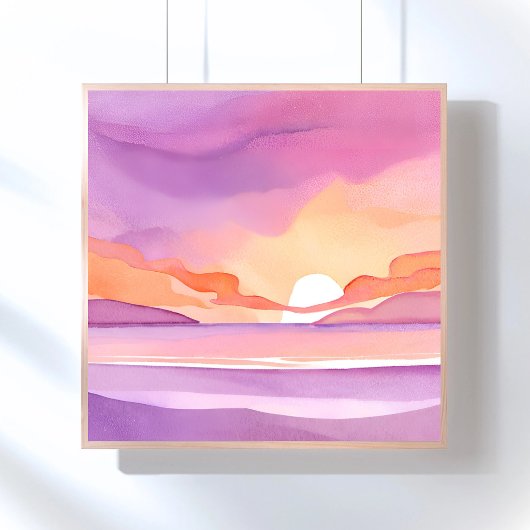 ピンクの水彩の夕焼け｜美しい海の空 ポスター