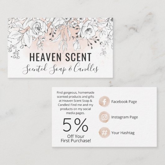 ピンクの水彩の白いバラの香りのする石鹸とロウソク 名刺 (正面/裏面)