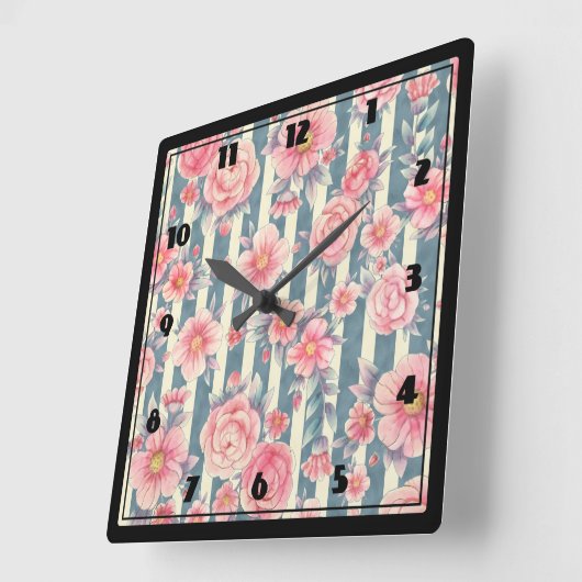 ピンクの水彩の花の模様ストライプの スクエア壁時計 (傾斜)