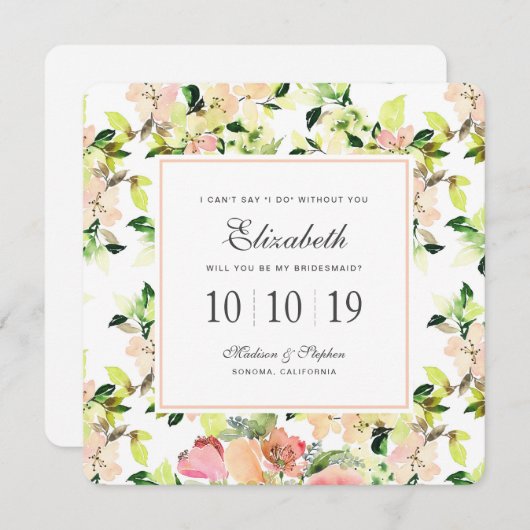 ピンクの水彩の花模様-ブライドメイド 招待状 (正面/裏面)