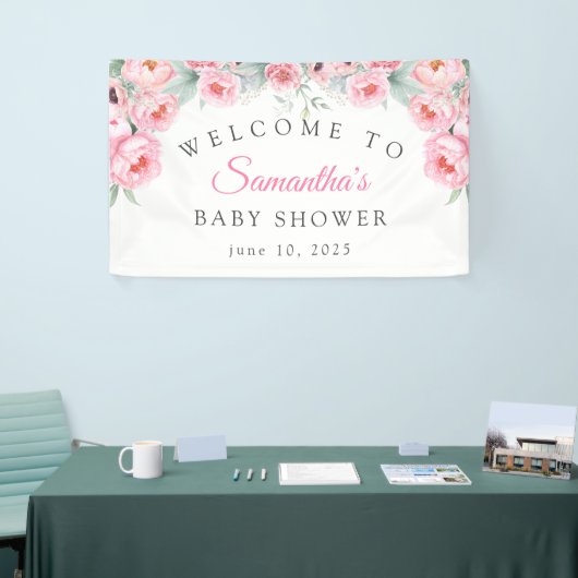 ピンクの水彩の花、ベビーシャワー、ようこそ 横断幕 (トレードショー)