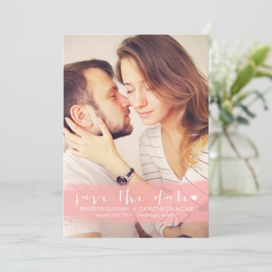 ピンクの水彩の飛沫でおめでたい日をお知らせ セーブザデート (スタンド正面)