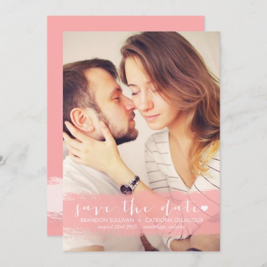 ピンクの水彩の飛沫でおめでたい日を発表 セーブザデート (正面/裏面)
