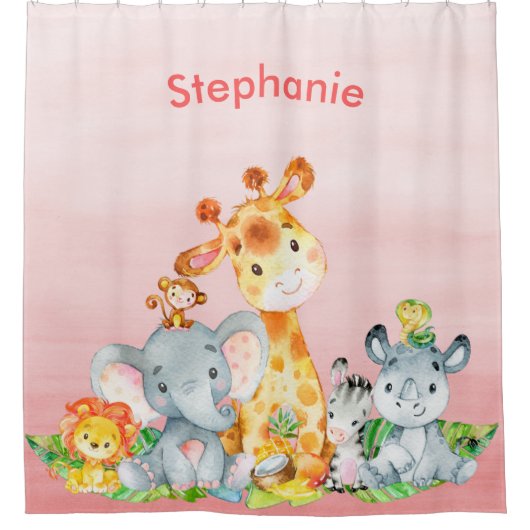 ピンクの水彩をかわいいサファリジャングル動物 シャワーカーテン (正面)