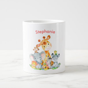ピンクの水彩をかわいいサファリジャングル動物 ジャンボコーヒーマグカップ