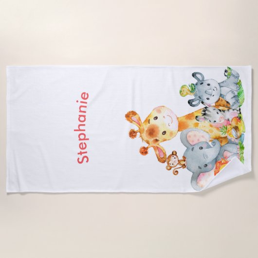 ピンクの水彩をかわいいサファリジャングル動物 ビーチタオル (正面)