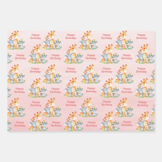 ピンクの水彩をかわいいサファリジャングル動物 ラッピングペーパーシート (正面2)