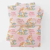 ピンクの水彩をかわいいサファリジャングル動物 ラッピングペーパーシート (インサイチュ)