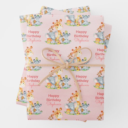 ピンクの水彩をかわいいサファリジャングル動物 ラッピングペーパーシート (インサイチュ)