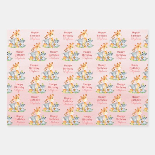ピンクの水彩をかわいいサファリジャングル動物 ラッピングペーパーシート (正面)