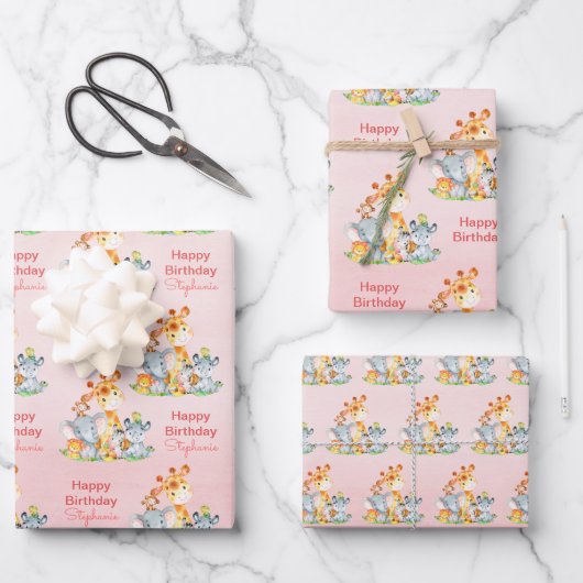 ピンクの水彩をかわいいサファリジャングル動物 ラッピングペーパーシート (正面)