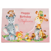 ピンクの水彩をかわいいサファリジャングル動物 ラージペーパーバッグ (正面)