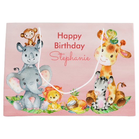 ピンクの水彩をかわいいサファリジャングル動物 ラージペーパーバッグ (正面)