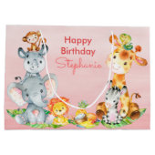 ピンクの水彩をかわいいサファリジャングル動物 ラージペーパーバッグ (裏面)