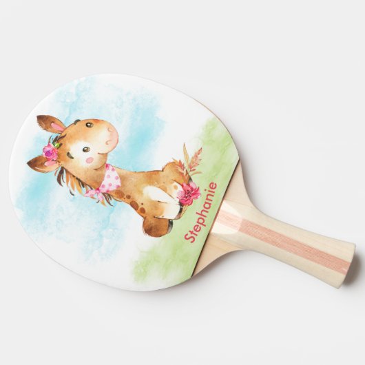 ピンクの水彩をかわいいサファリジャングル動物 卓球ラケット (横)