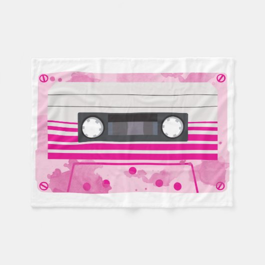 ピンクの水彩を添えたピンクカセットテープ フリースブランケット (正面(横))