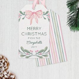 ピンクの水彩イチゴのリボンのメリークリスマス ギフトタグ