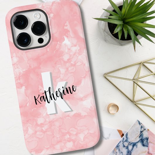 ピンクの水彩イニシャルモノグラム Case-Mate iPhoneケース
