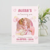 ピンクの水彩イラスト かわいい1歳誕生日 招待状 (スタンド正面)