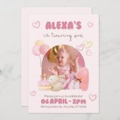 ピンクの水彩イラスト かわいい1歳誕生日 招待状 (正面/裏面)