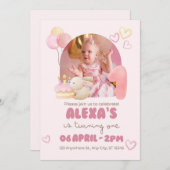 ピンクの水彩イラスト かわいい1歳誕生日 招待状 (正面/裏面)