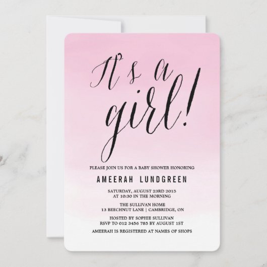 ピンクの水彩オンブレ ベイビーシャワー招待状 招待状 (正面)