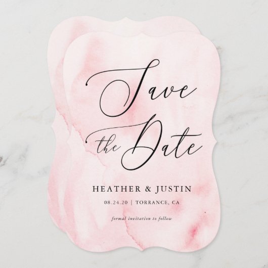 ピンクの水彩カリグラフィー結婚式の招待状（Save the Date） 招待状 (正面/裏面)