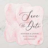 ピンクの水彩カリグラフィー結婚式のSave the Date 招待状 (正面/裏面)