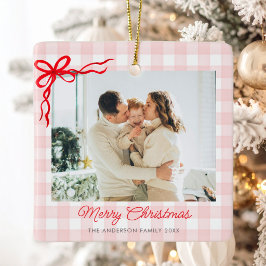 ピンクの水彩ギンガムチェックのクリスマス写真 セラミックオーナメント
