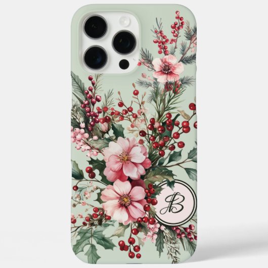 ピンクの水彩クリスマスフラワーモノグラムケース Case-Mate iPhoneケース (裏面)