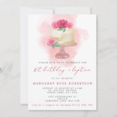 ピンクの水彩ケーキの女の子の1歳の誕生日と洗礼 招待状 (正面)