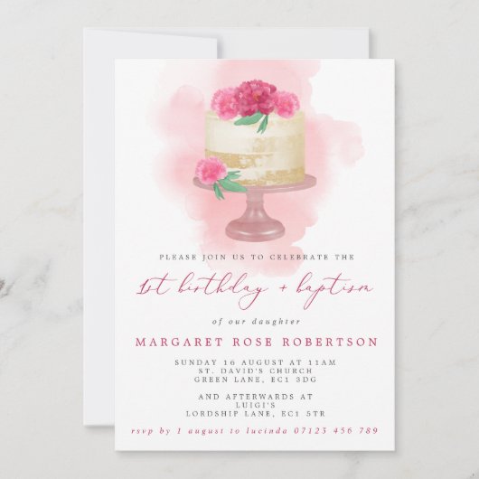 ピンクの水彩ケーキの女の子の1歳の誕生日と洗礼 招待状 (正面)