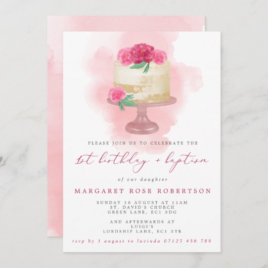 ピンクの水彩ケーキの女の子の1歳の誕生日と洗礼 招待状 (正面/裏面)