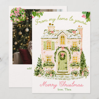 ピンクの水彩コテージ メリークリスマス 写真入りカード シーズンカード