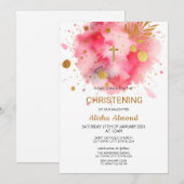 ピンクの水彩ゴールドの洗礼 招待状 (正面/裏面)