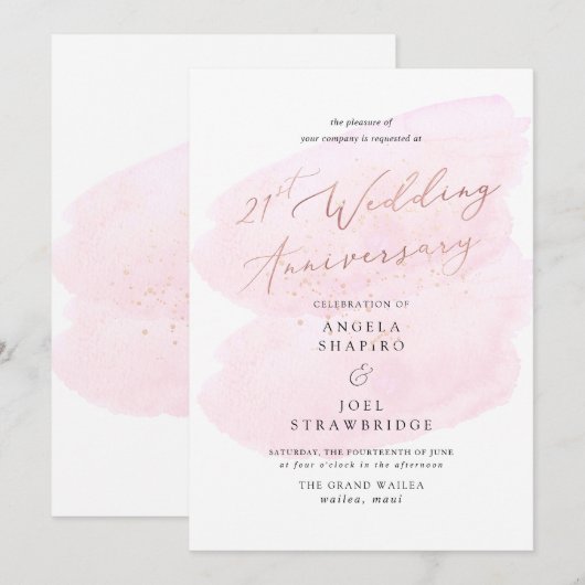 ピンクの水彩シャンパンの泡 エレガント 21周年 招待状 (正面/裏面)