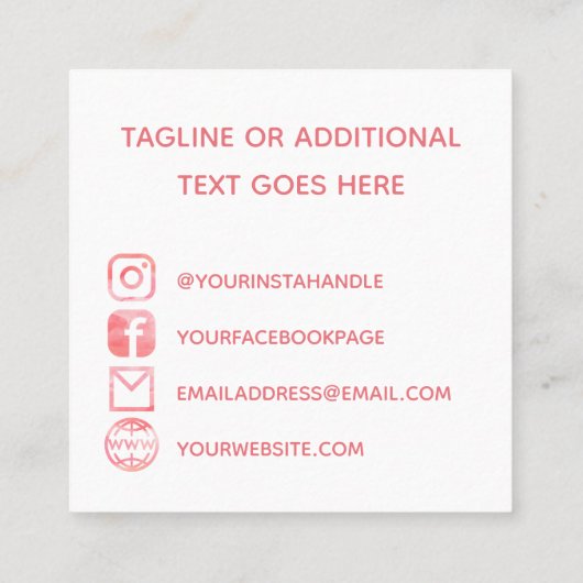 ピンクの水彩ソーシャルメディアアイコンとロゴ スクエア名刺 (裏面)