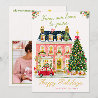 ピンクの水彩タウンハウス メリークリスマス 写真入りカード シーズンカード