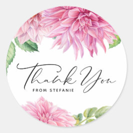 ピンクの水彩ダリアの花束の誕生日お礼メッセージ ラウンドシール