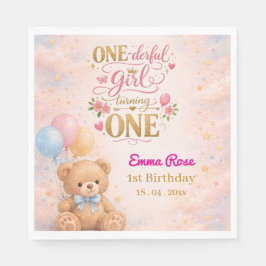 ピンクの水彩テディベアの女の子の1歳の誕生日 スタンダードランチョンナプキン
