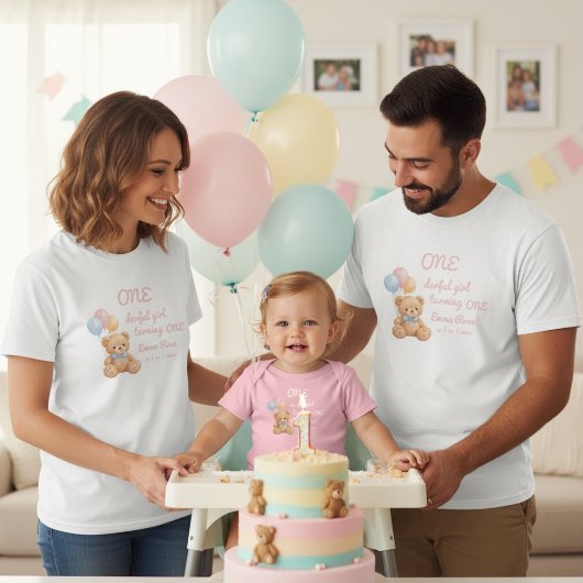 ピンクの水彩テディベアの女の子の1歳の誕生日 トライブレンドＴシャツ