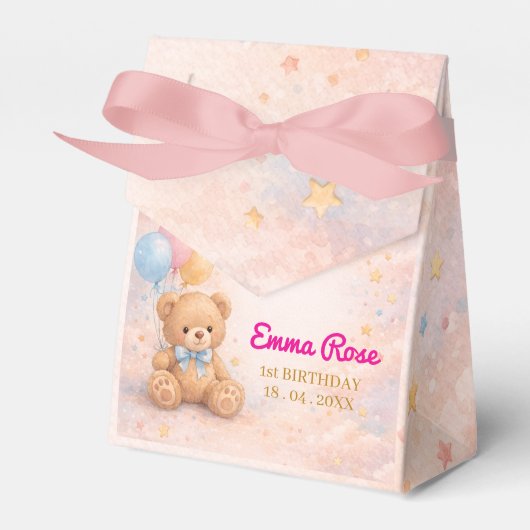 ピンクの水彩テディベアの女の子 1歳の誕生日 フェイバーボックス (正面サイド)