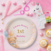 ピンクの水彩テディベアの女の子　1歳の誕生日 ペーパープレート (パーティー)