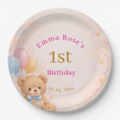 ピンクの水彩テディベアの女の子　1歳の誕生日 ペーパープレート (正面)