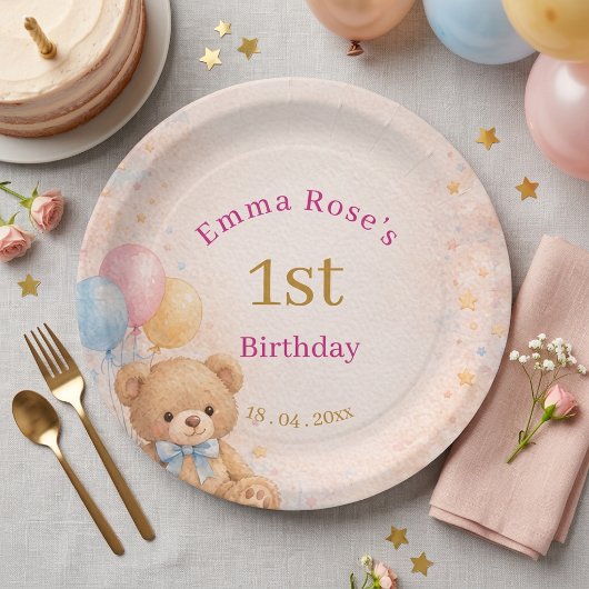 ピンクの水彩テディベアの女の子　1歳の誕生日 ペーパープレート