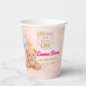ピンクの水彩テディベアの女の子　1歳の誕生日 紙コップ (裏面)