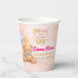 ピンクの水彩テディベアの女の子　1歳の誕生日 紙コップ